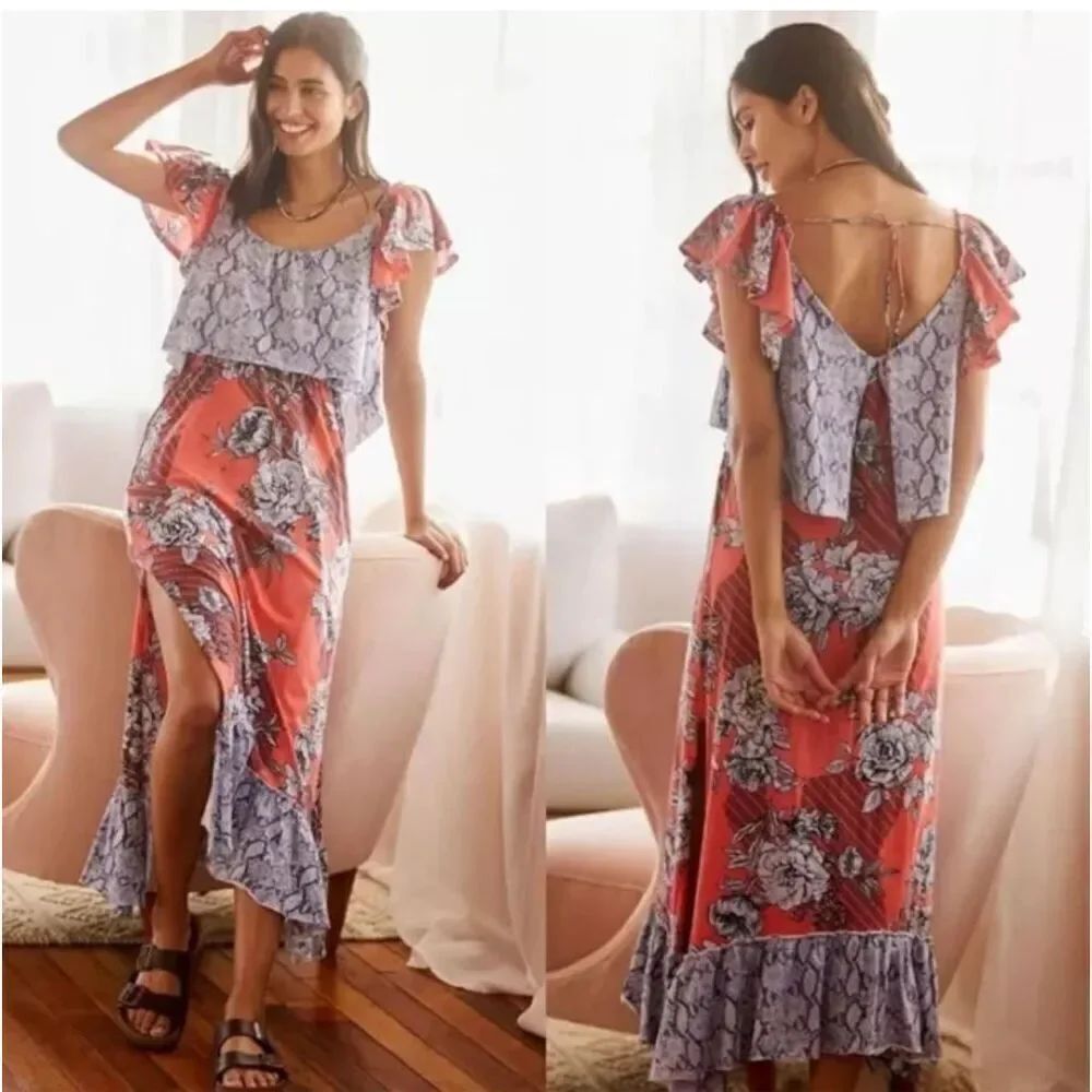 Anthropologie Daily Practice 100% cotton Poppy Ruffled Midi Dres size XS